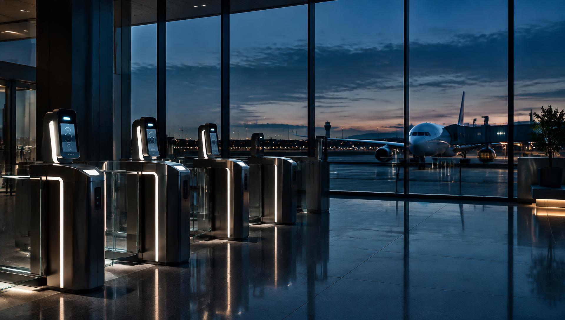 Biometric e-gates in a modern airport terminal at dusk